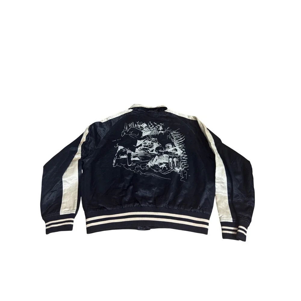 ERD Satin Varsity Bomber Jacket Black Cream Embroidered